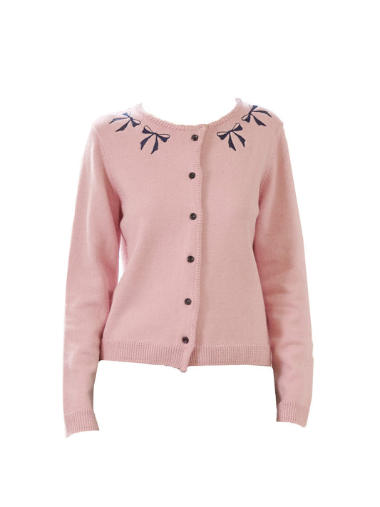 【Final Sale】Nyx Round Neck Contrasting Embroidery Bow Cardigan