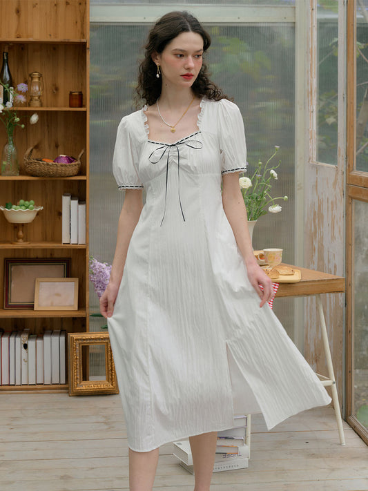 Edith 方領撞色蝴蝶結泡泡袖下擺開衩洋裝