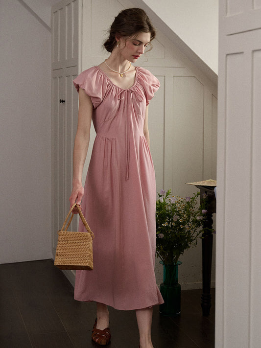 Nayeli 蝴蝶結V領泡泡袖A字洋裝