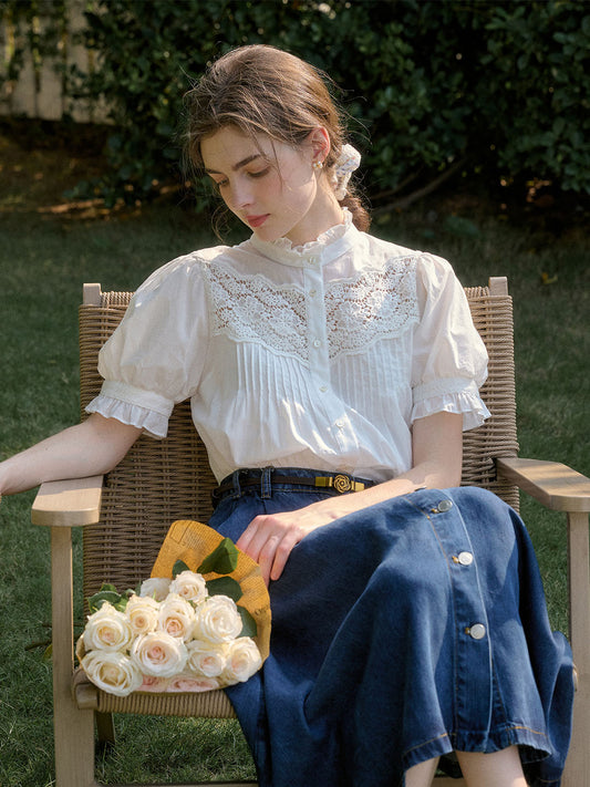 Octavia 小立領鏤空蕾絲拼接泡泡袖襯衫