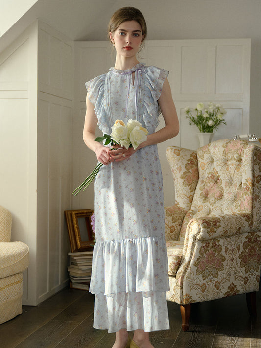 Malani 花卉印花喇叭袖美人魚擺長洋裝