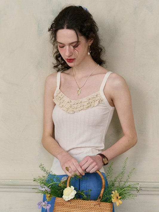 Gracie 法式V領荷葉邊蕾絲羅紋吊帶上衣