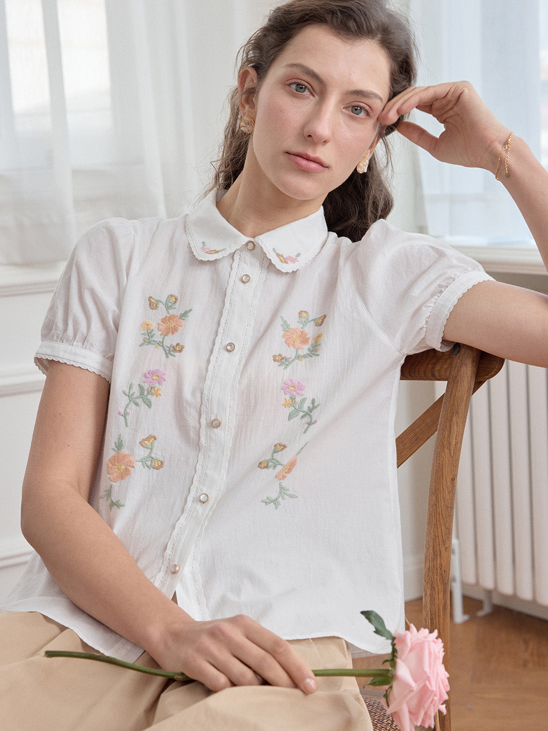 Penelope 彼得潘領刺繡100%棉質上衣