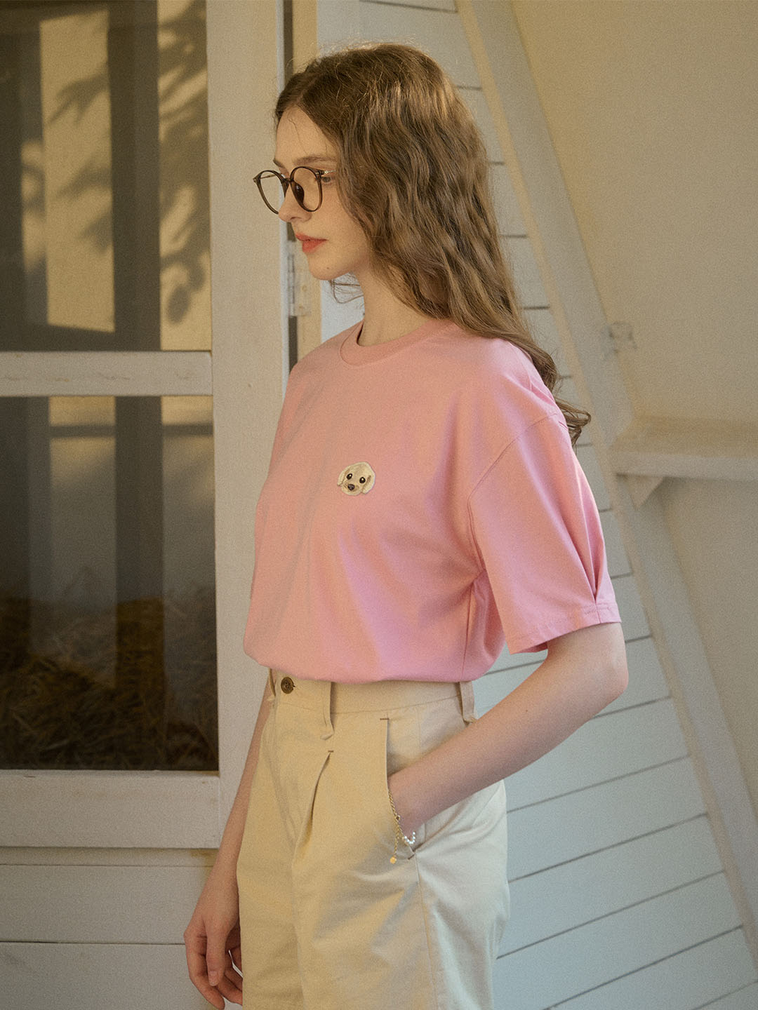 【Final Sale】Journey Puppy Applique Round Neck Short Sleeve Casual T-Shirt - White