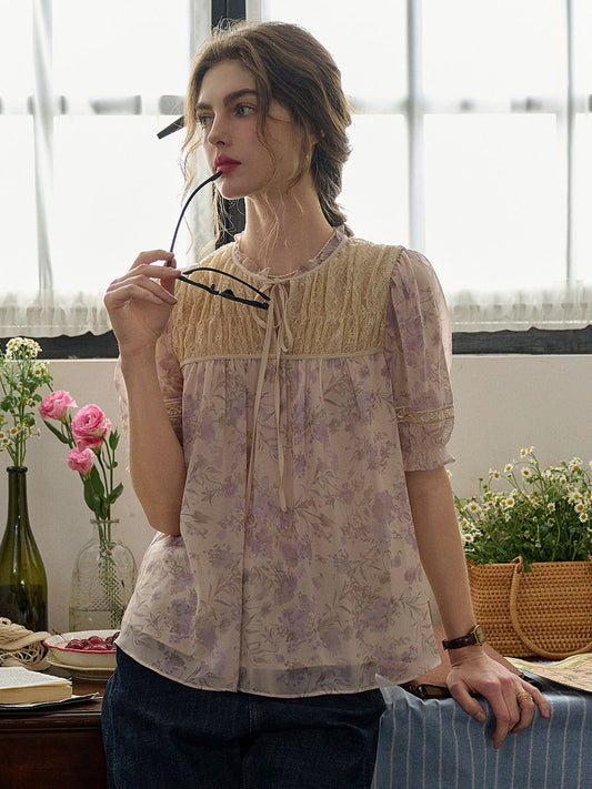 Tessa 蝴蝶結蕾絲花卉印花泡泡袖襯衫