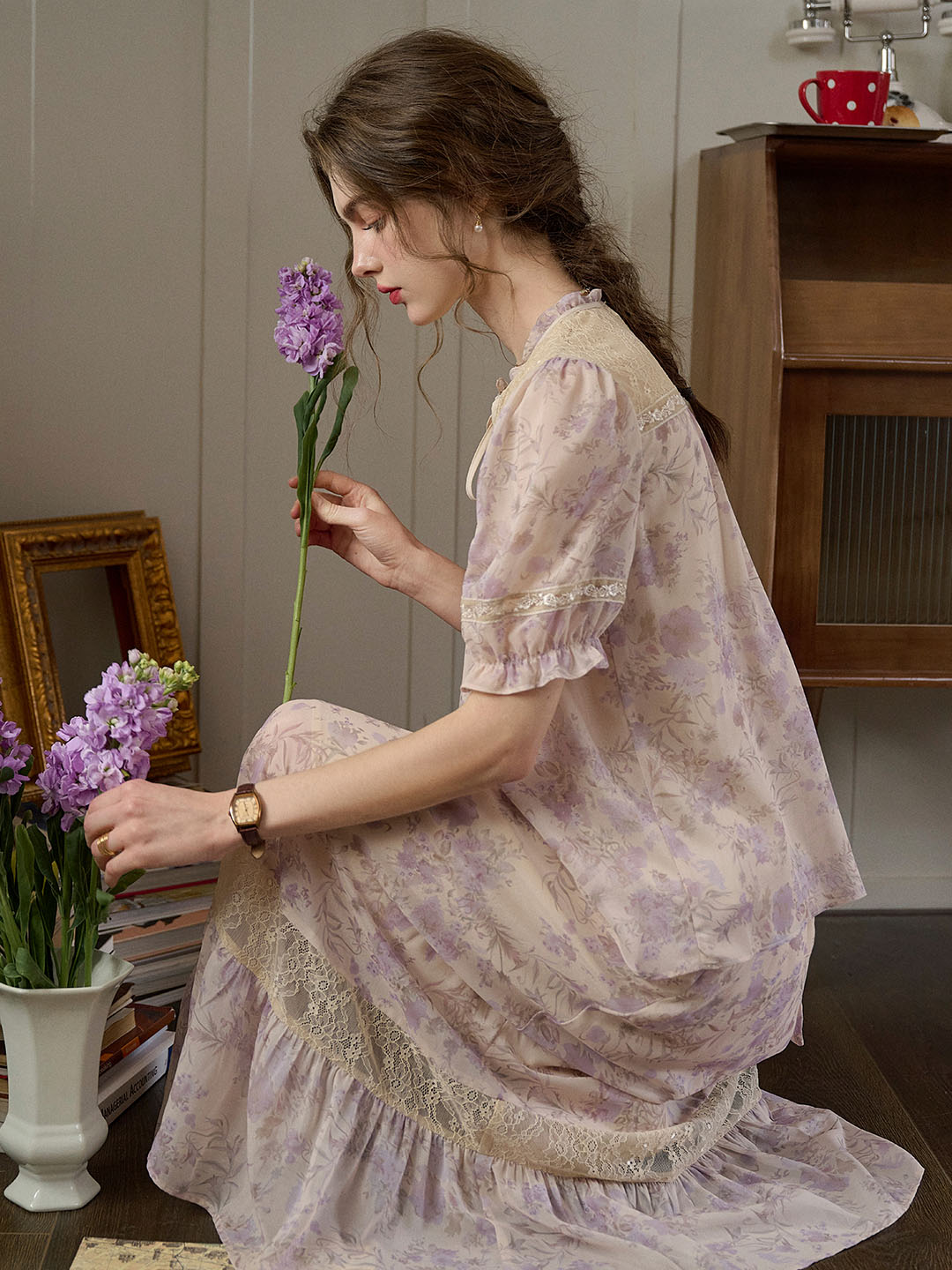 Tessa 蝴蝶結蕾絲花卉印花泡泡袖襯衫