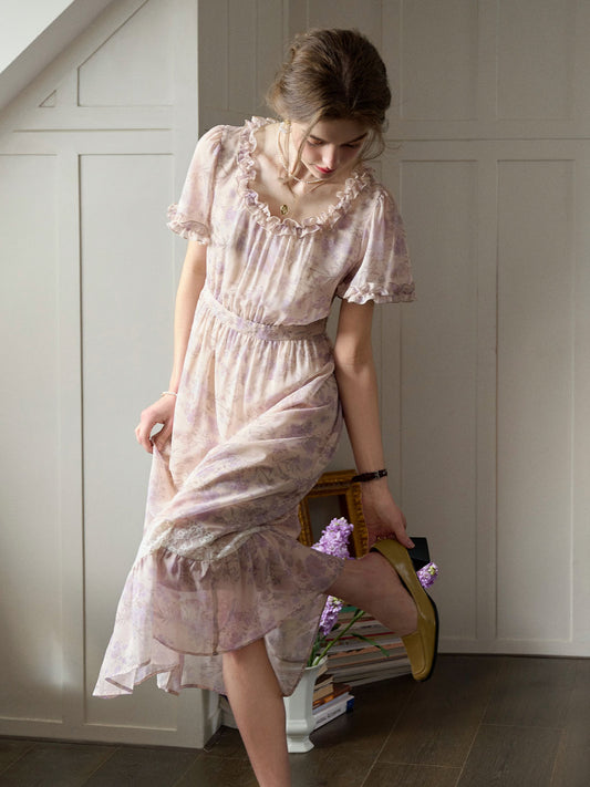 Alayah U領荷葉邊花卉印花蕾絲洋裝