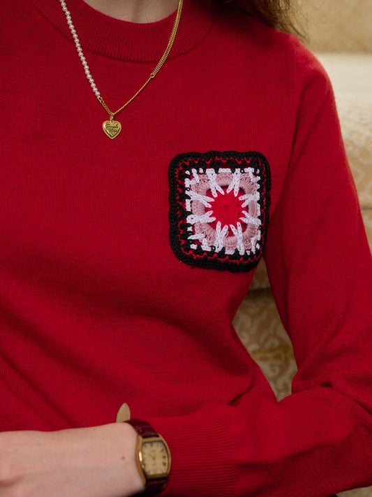 【Final Sale】Cadence Ribbed Round Neck Contrasting Embroidery Sweater