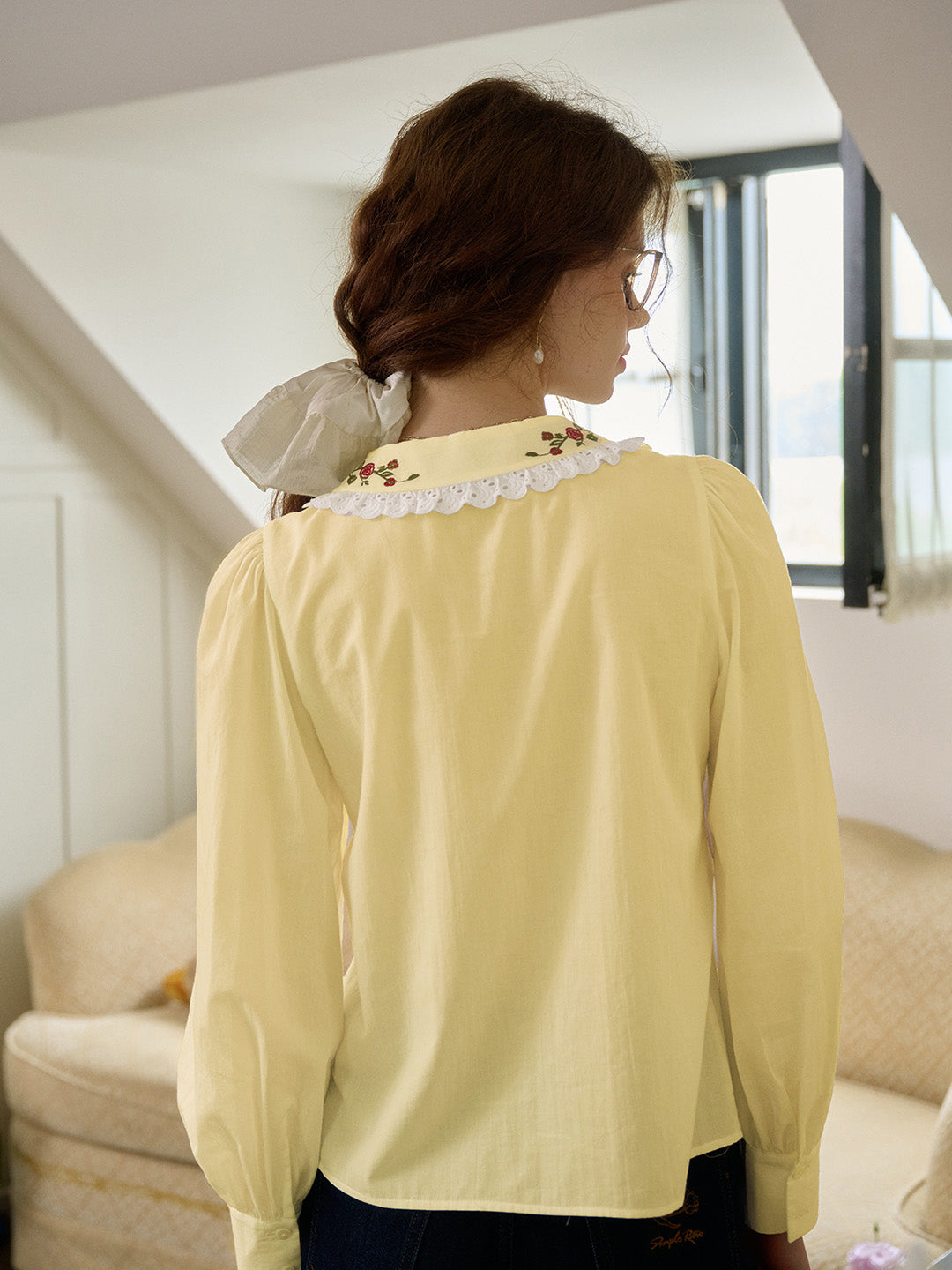 【Final Sale】Priyanka Lace Collar Floral Long sleeve Cotton Bouse