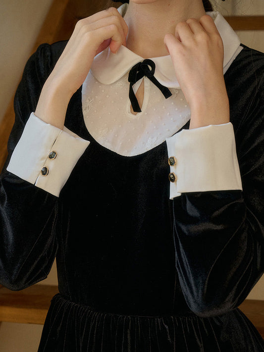 Esperanza 娃娃領撞色蝴蝶結絨面長洋裝