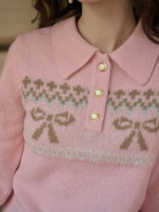 Paloma POLO領撞色蝴蝶結印花套頭針織衫