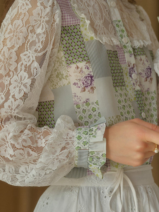 【出清價】Vivienne 蕾絲領拼布襯衫 - 綠色