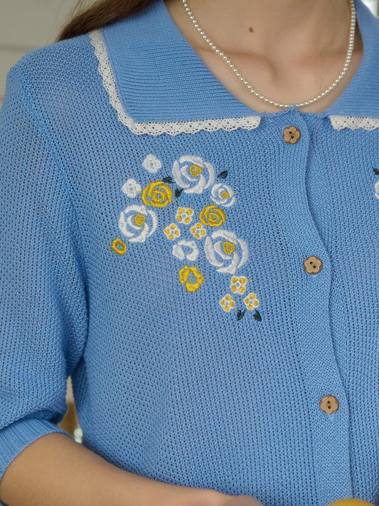 Zoe 波浪領刺繡針織上衣