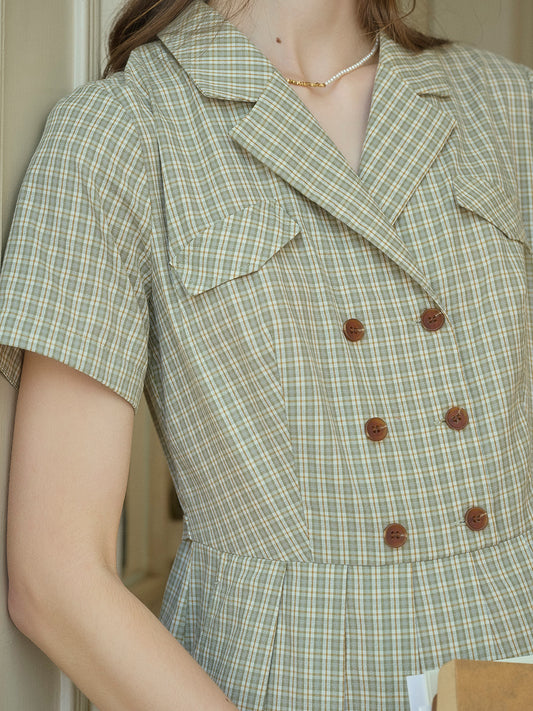 Elena 翻領格紋100% 純棉洋裝