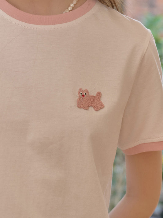 Natalie 圓領小貓刺繡100%純棉T恤