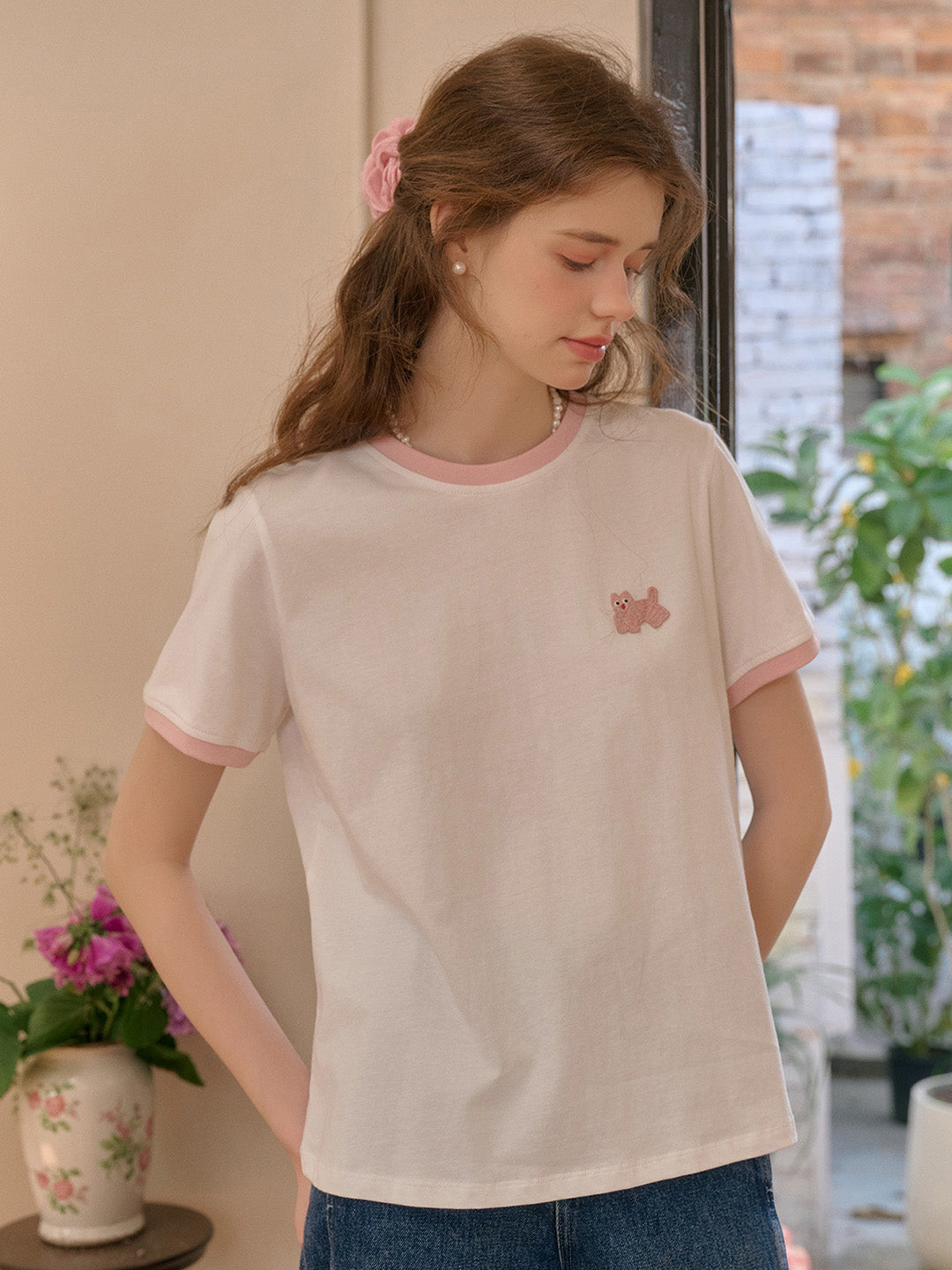Natalie 圓領小貓刺繡100%純棉T恤