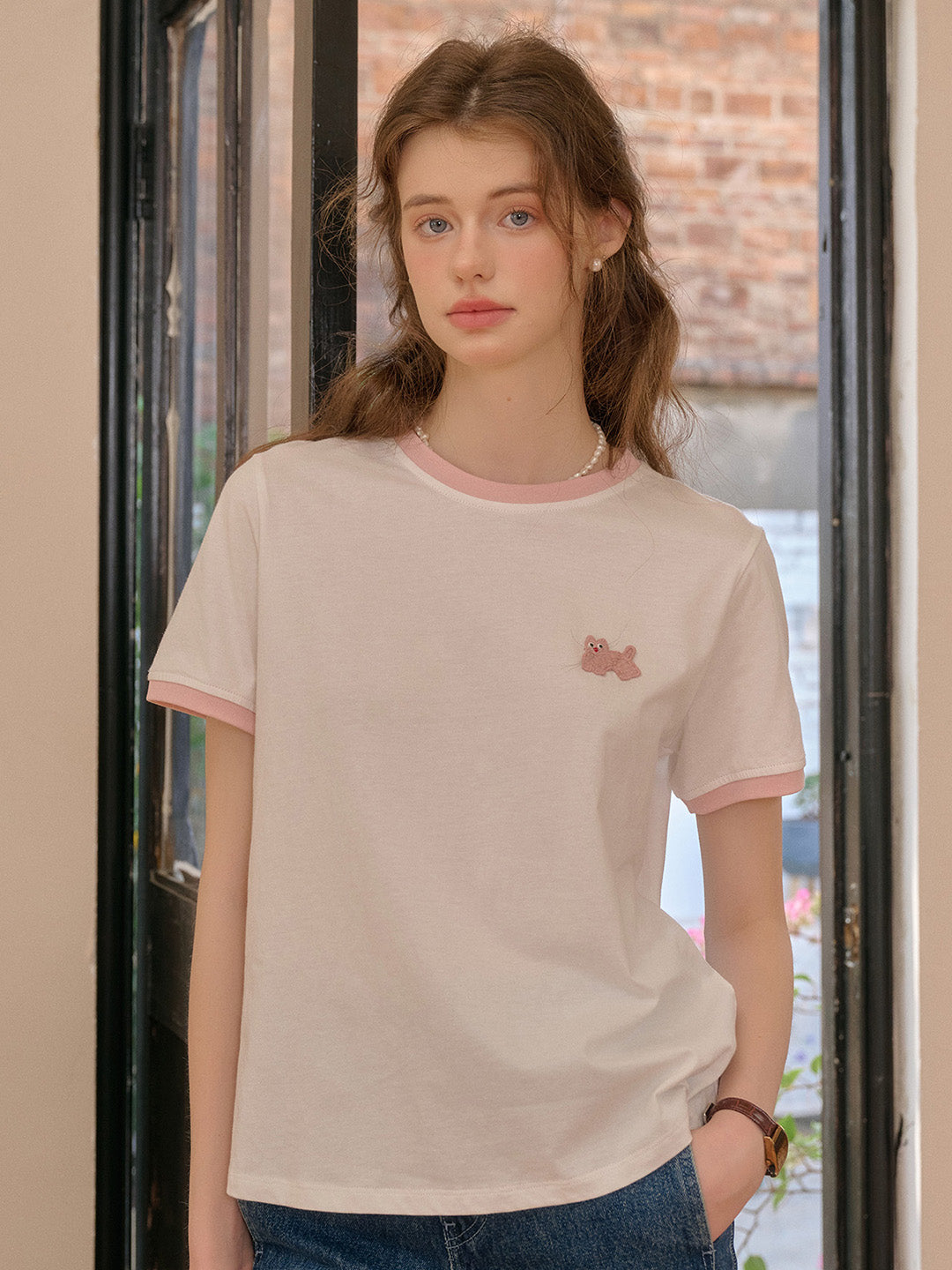 Natalie 圓領小貓刺繡100%純棉T恤
