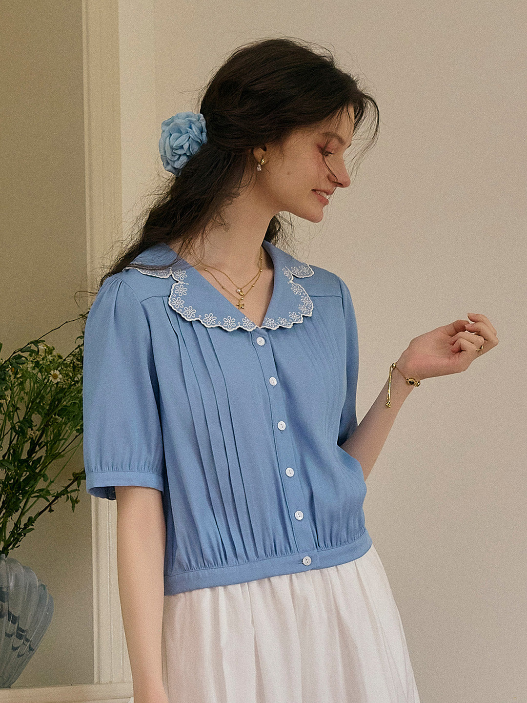 Miriam V 領蕾絲褶皺襯衫