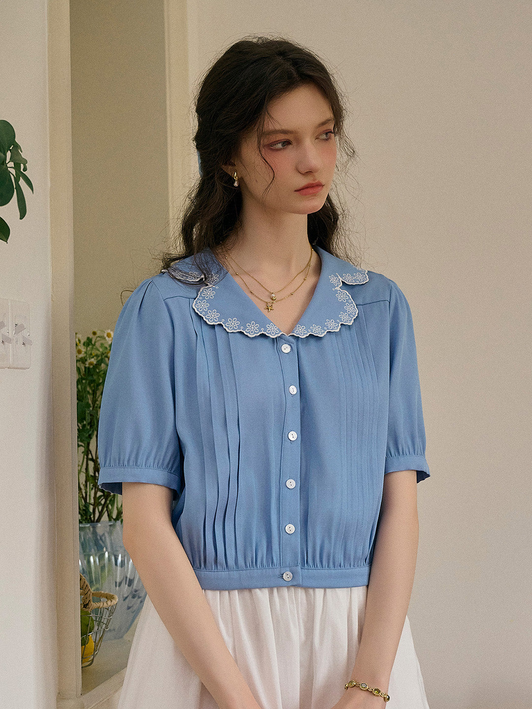 Miriam V 領蕾絲褶皺襯衫