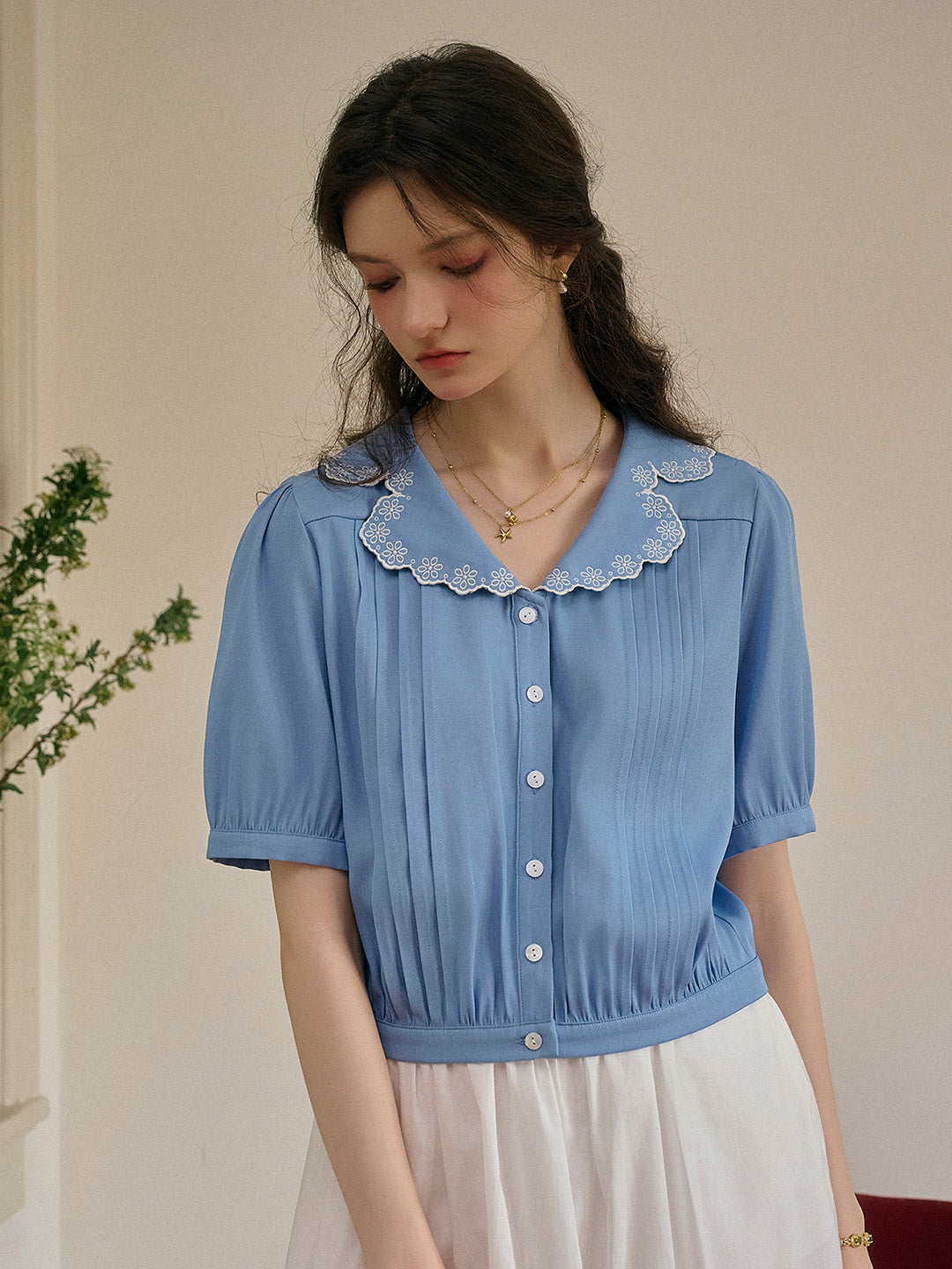 Miriam V 領蕾絲褶皺襯衫