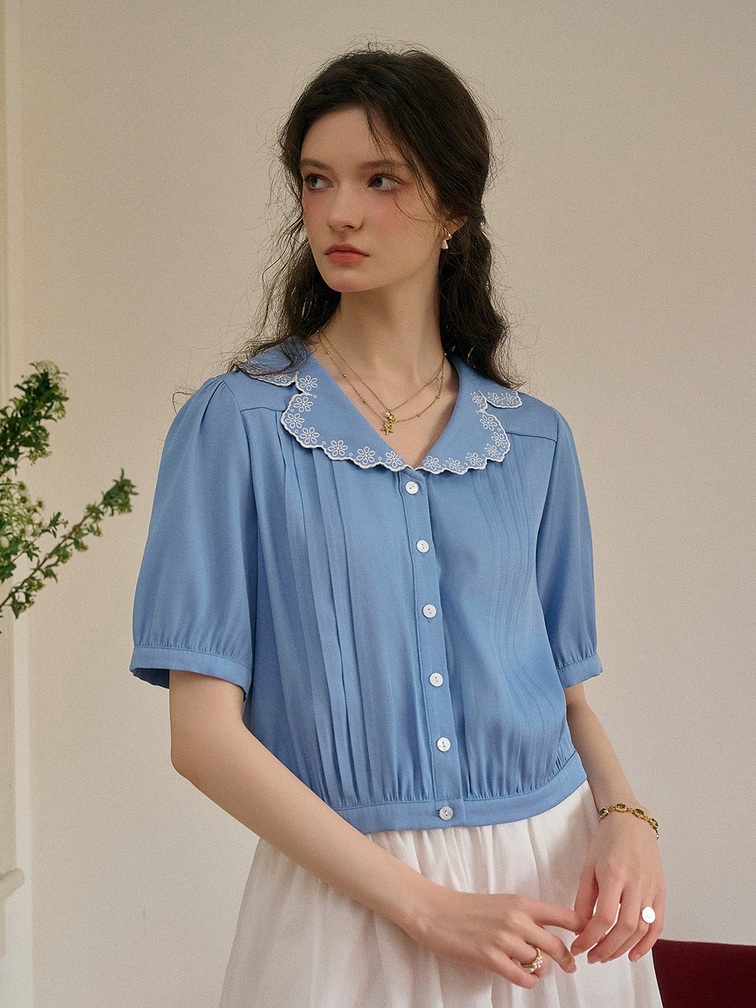 Miriam V 領蕾絲褶皺襯衫