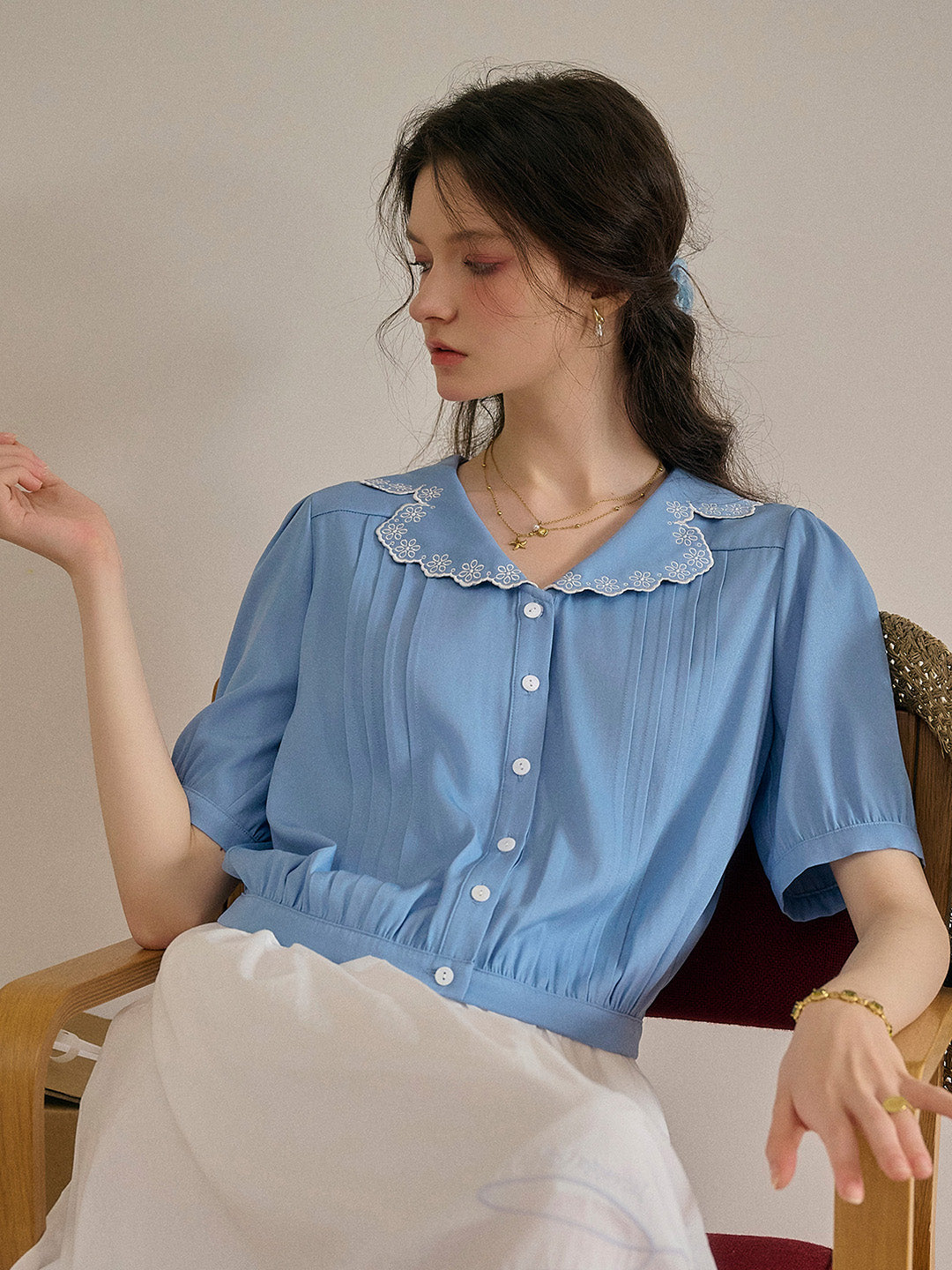 Miriam V 領蕾絲褶皺襯衫