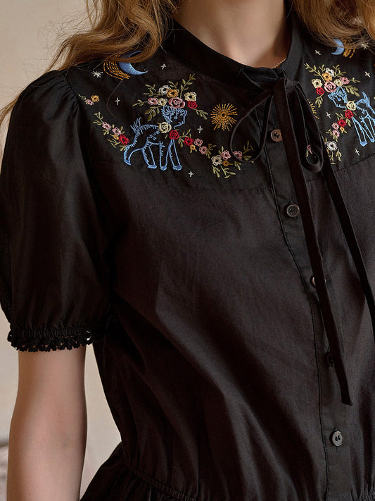 Nova 圓領繫帶刺繡純棉襯衫