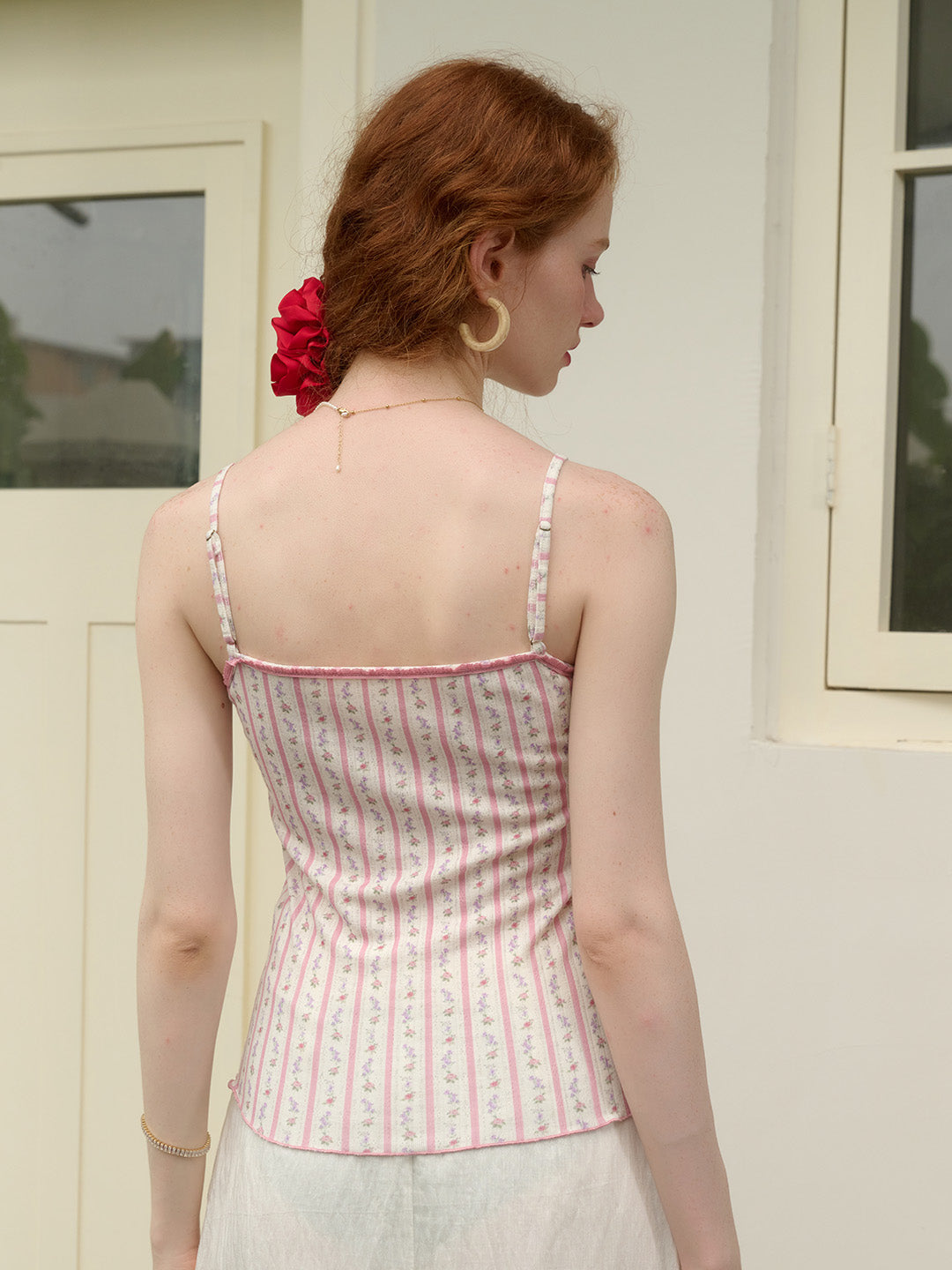 【Final Sale】Elouise Floral Striped Lace-up Pink Suspender Top