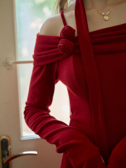 Lucille 優雅露肩玫瑰色洋裝(帶緞帶)- 紅色