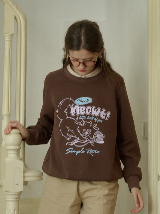 Bellamy 圓領貓咪印花大學T - 咖色