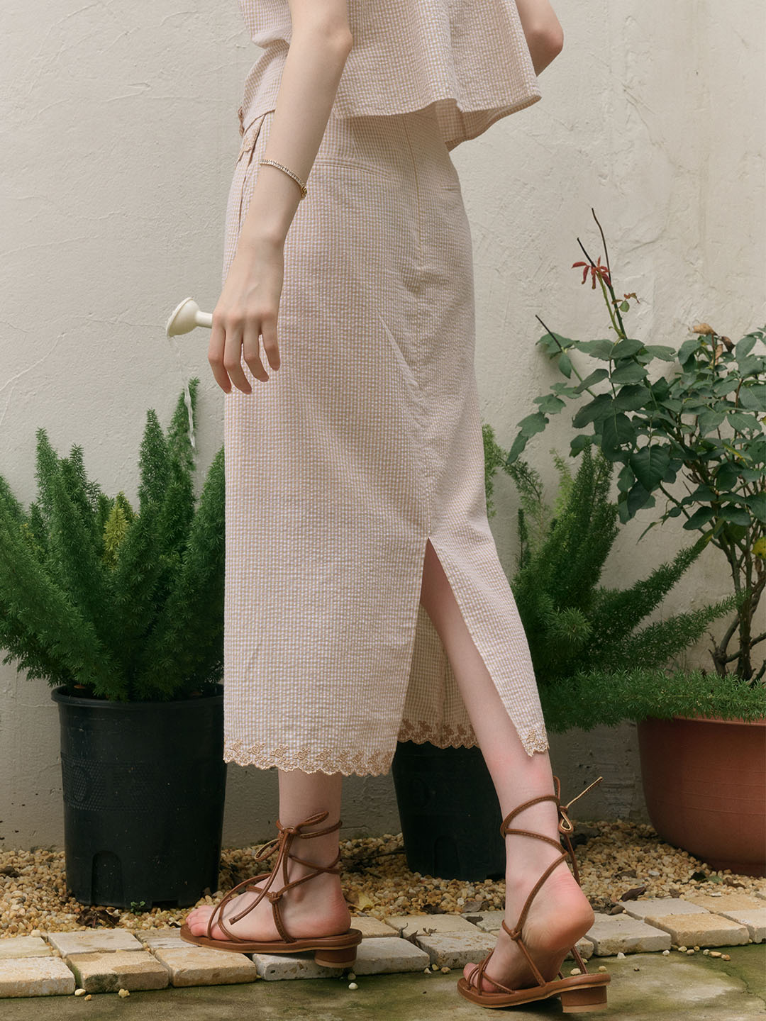 Briana 雙排扣波浪刺繡格紋純棉半身裙