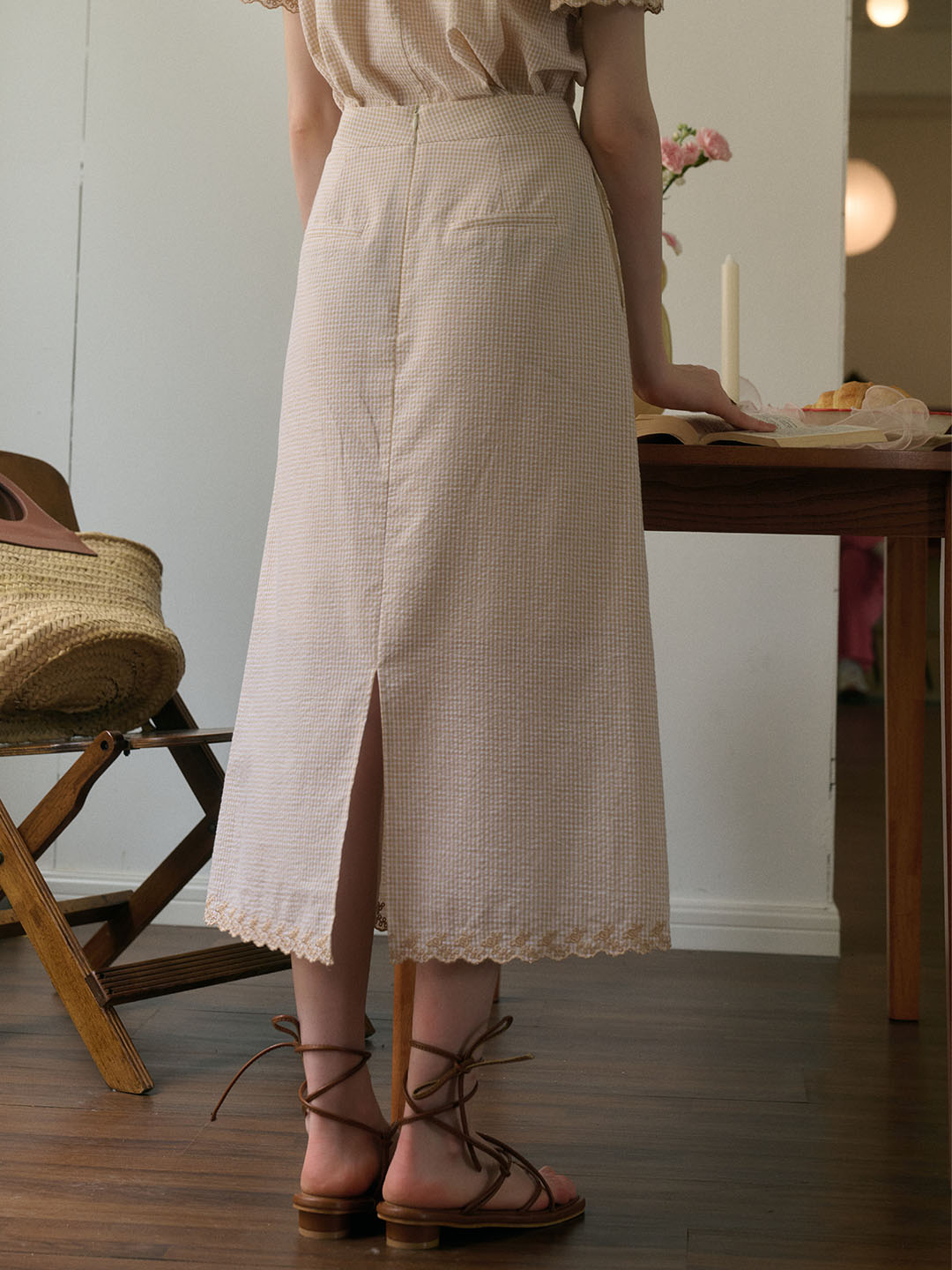 Briana 雙排扣波浪刺繡格紋純棉半身裙