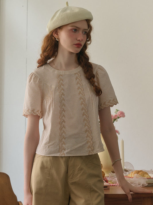 Jayla 經典圓領刺繡格紋純棉襯衫