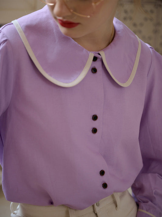 【Final Sale】Avayah Contrasting Doll Collar Balloon Sleeve Slit Shirt-Purple