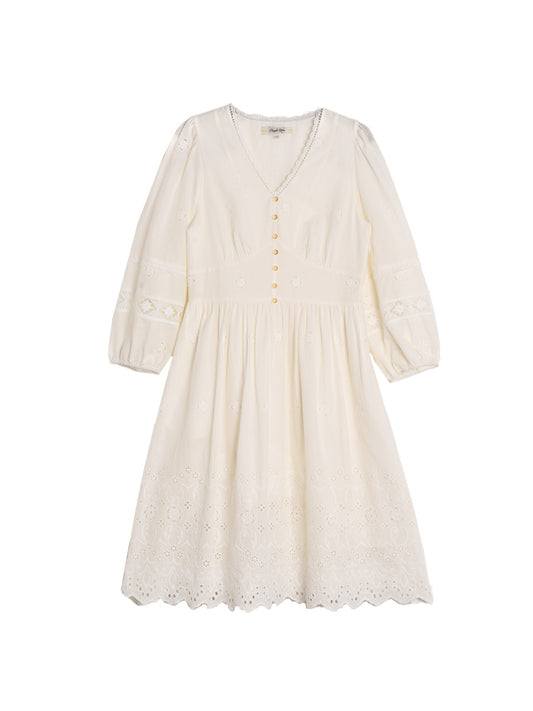 Juno V領镂空 100% 棉質洋裝