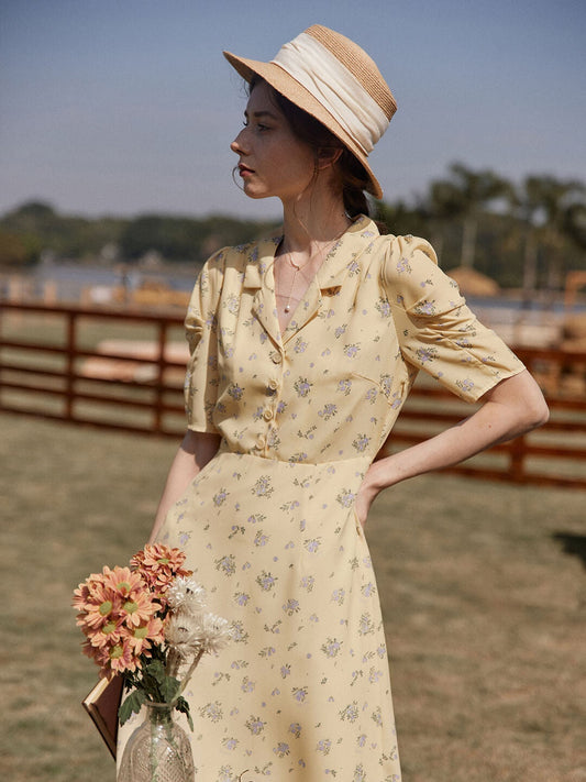 Fannie yellow shirt collar floral dress