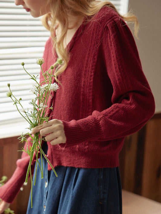 Ava 紅色V領復古針織外套/SIMPLERETRO