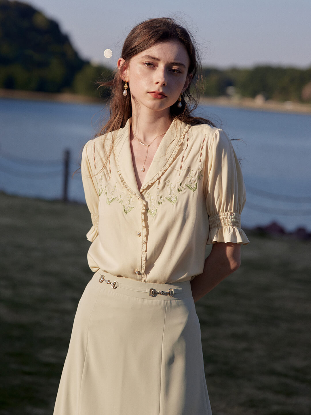 Convallaria light yellow lily of the valley embroidered puff sleeve shirt