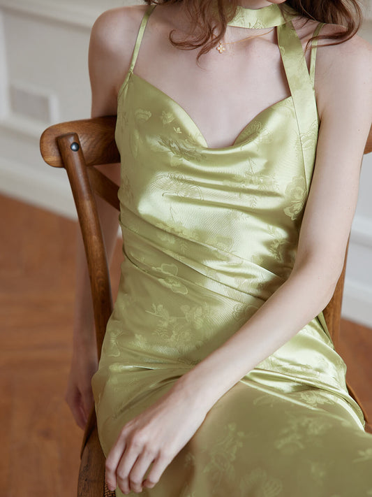 Etta green rose jacquard vintage spaghetti strap dress