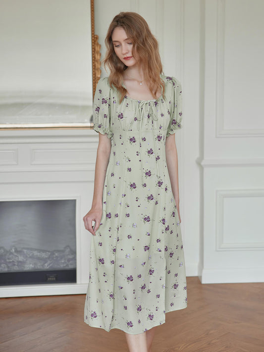 Magnolia 湖綠色方領中長款碎花連身裙/SIMPLE RETRO