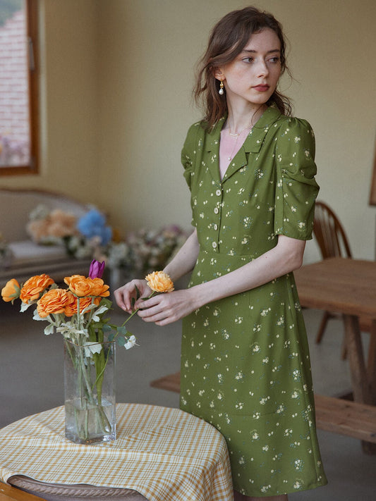 Fannie 綠色襯衫領碎花洋裝