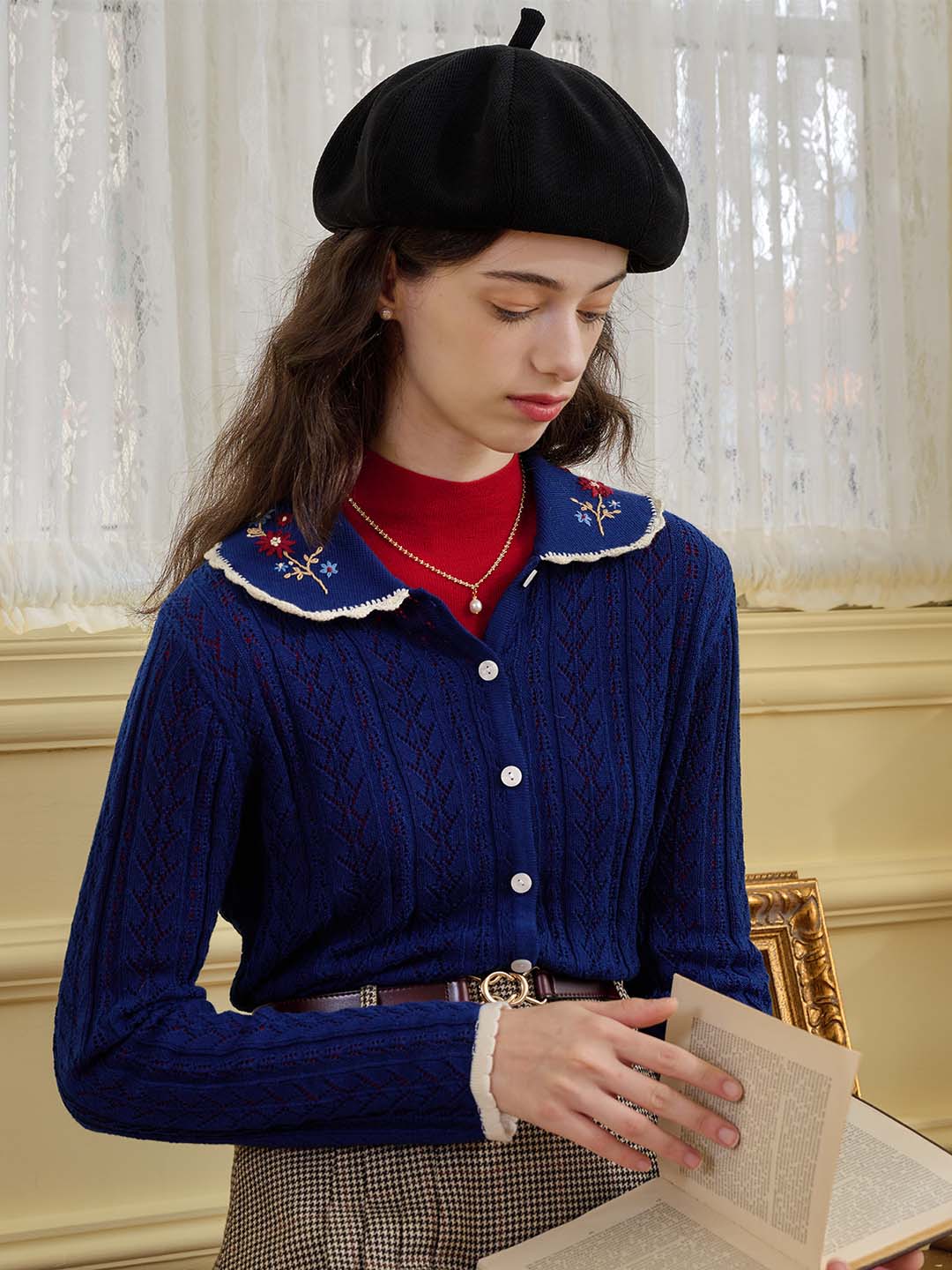 Shay Peter Pan Collar Embroidered Contrast Cutout Cardigan