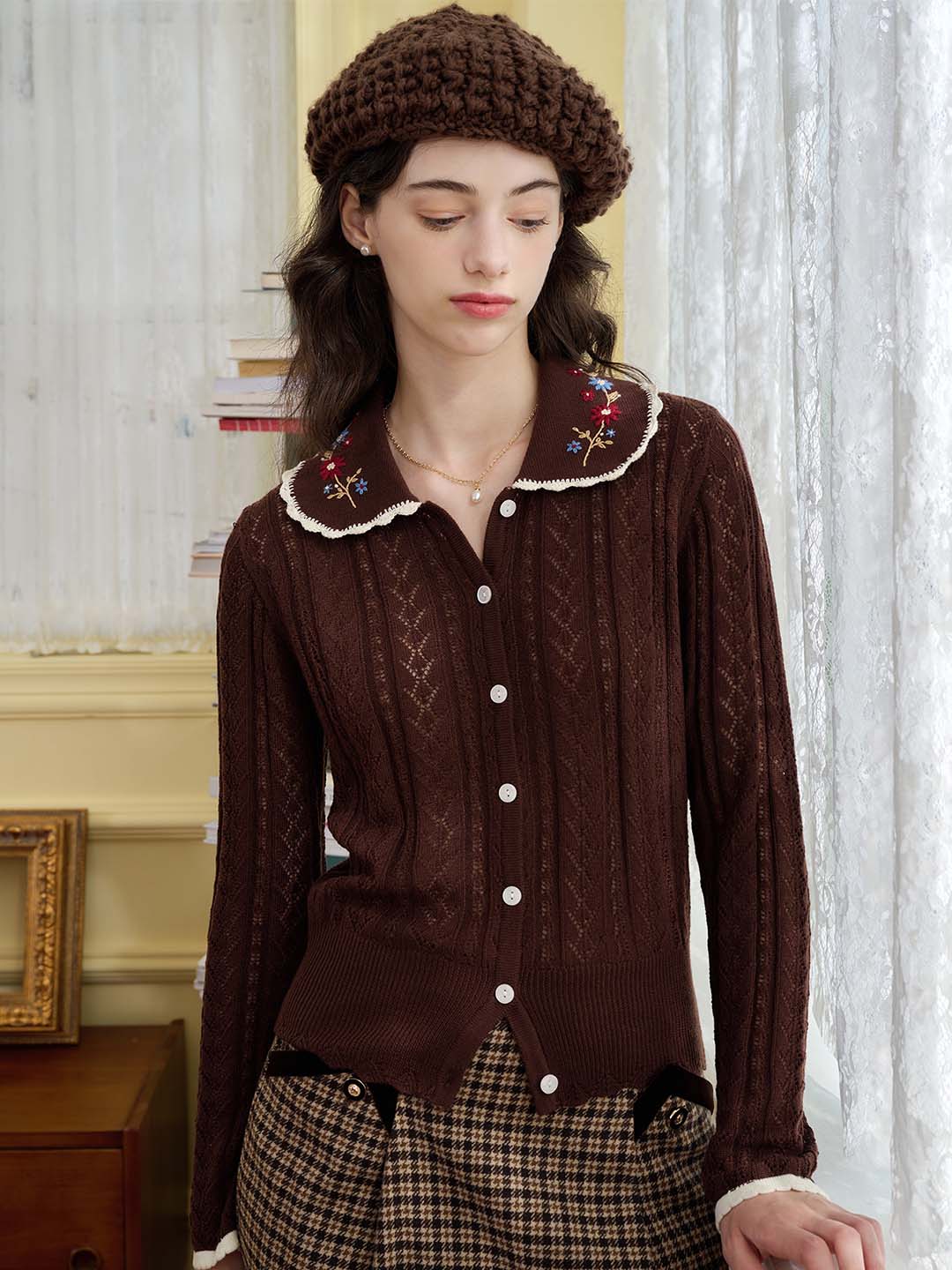 Shay Peter Pan Collar Embroidered Contrast Cutout Cardigan