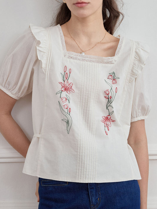 Kaliyah Floral Embroidery Ruffle Trim Square Neck Puff Sleeve Blouse