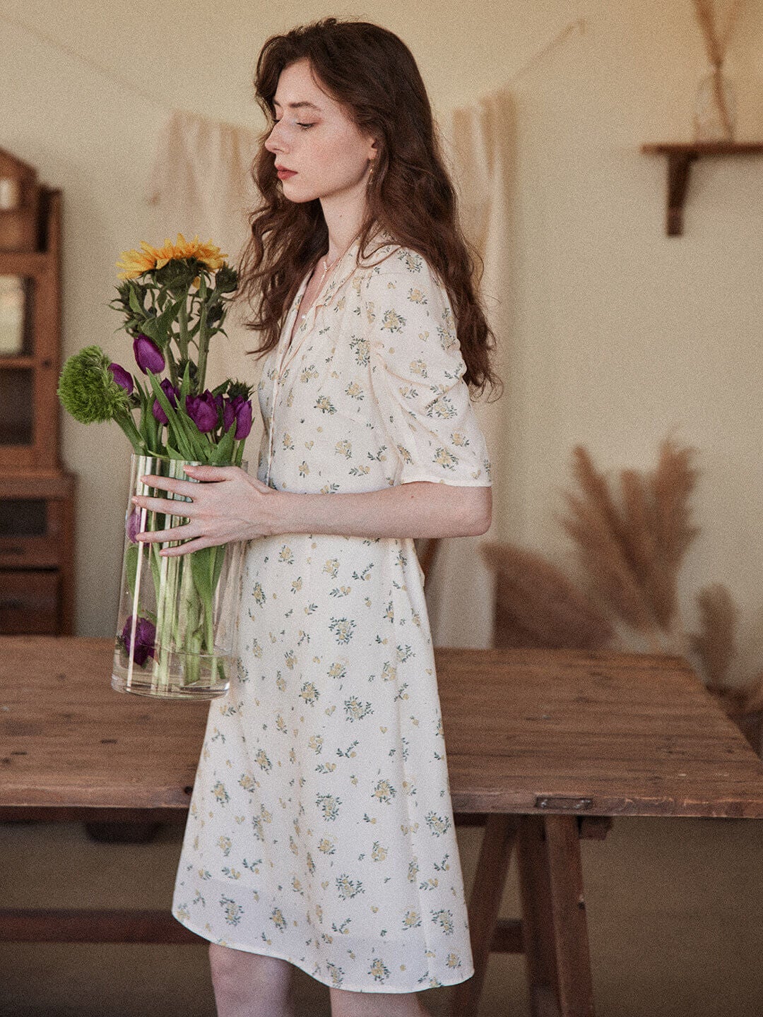 Fannie apricot shirt collar floral dress
