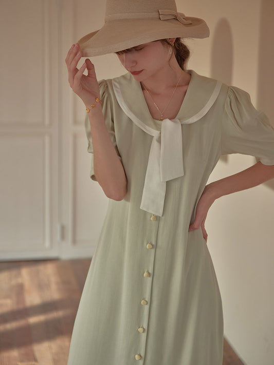 Simple Retro-Giancarlo 豆沙綠隨意領過膝連衣裙