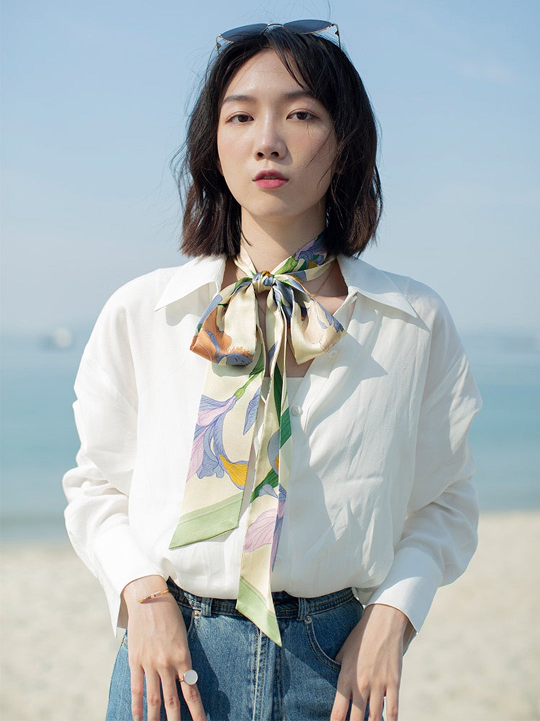 Chowxiaodou 原創彩虹女神4色鳶尾真絲素縐緞長條絲巾