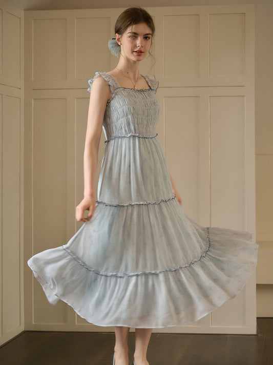 Paulina 原創芭蕾女孩印花方領飛飛袖連衣裙