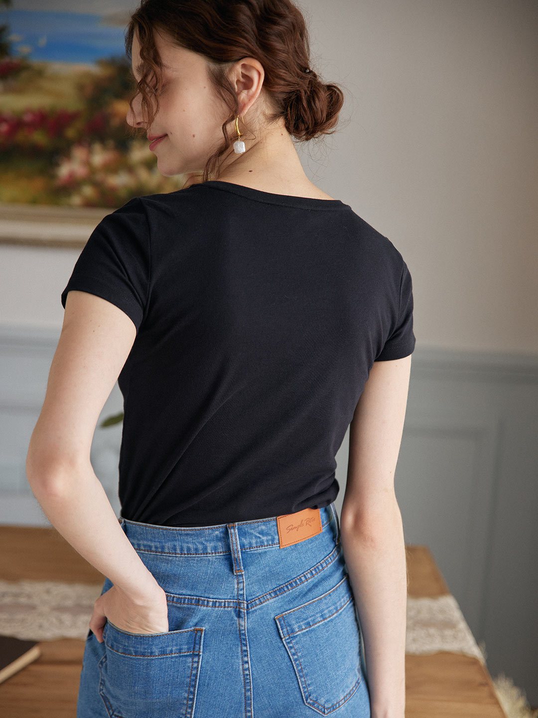 Vera純棉短袖圖案恤衫 - 黑色