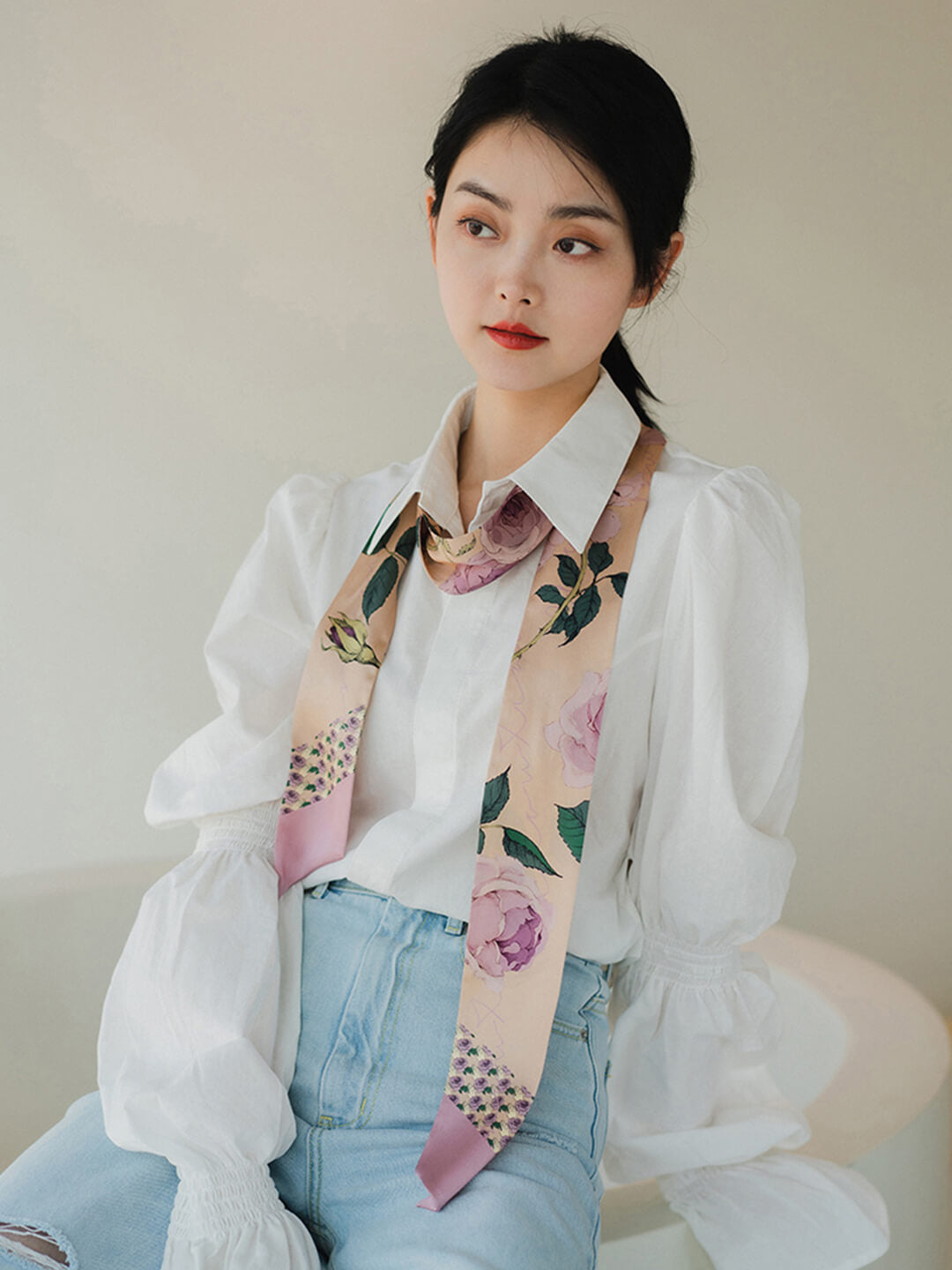 Chowxiaodou 原創4色玫瑰印花真絲素縐緞長條絲巾